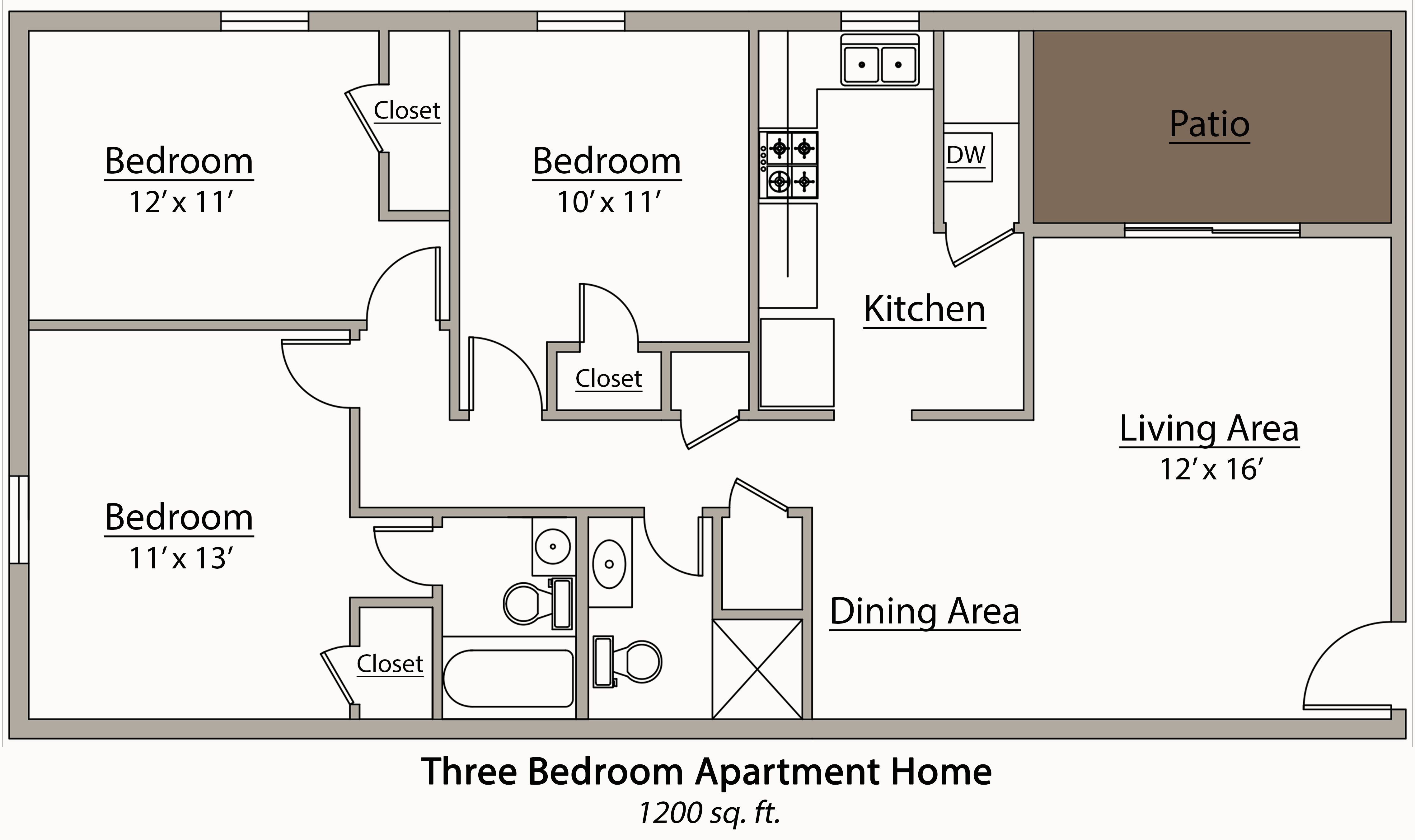 3 Bedroom Apartment Floor Plan - Carpet Vidalondon
